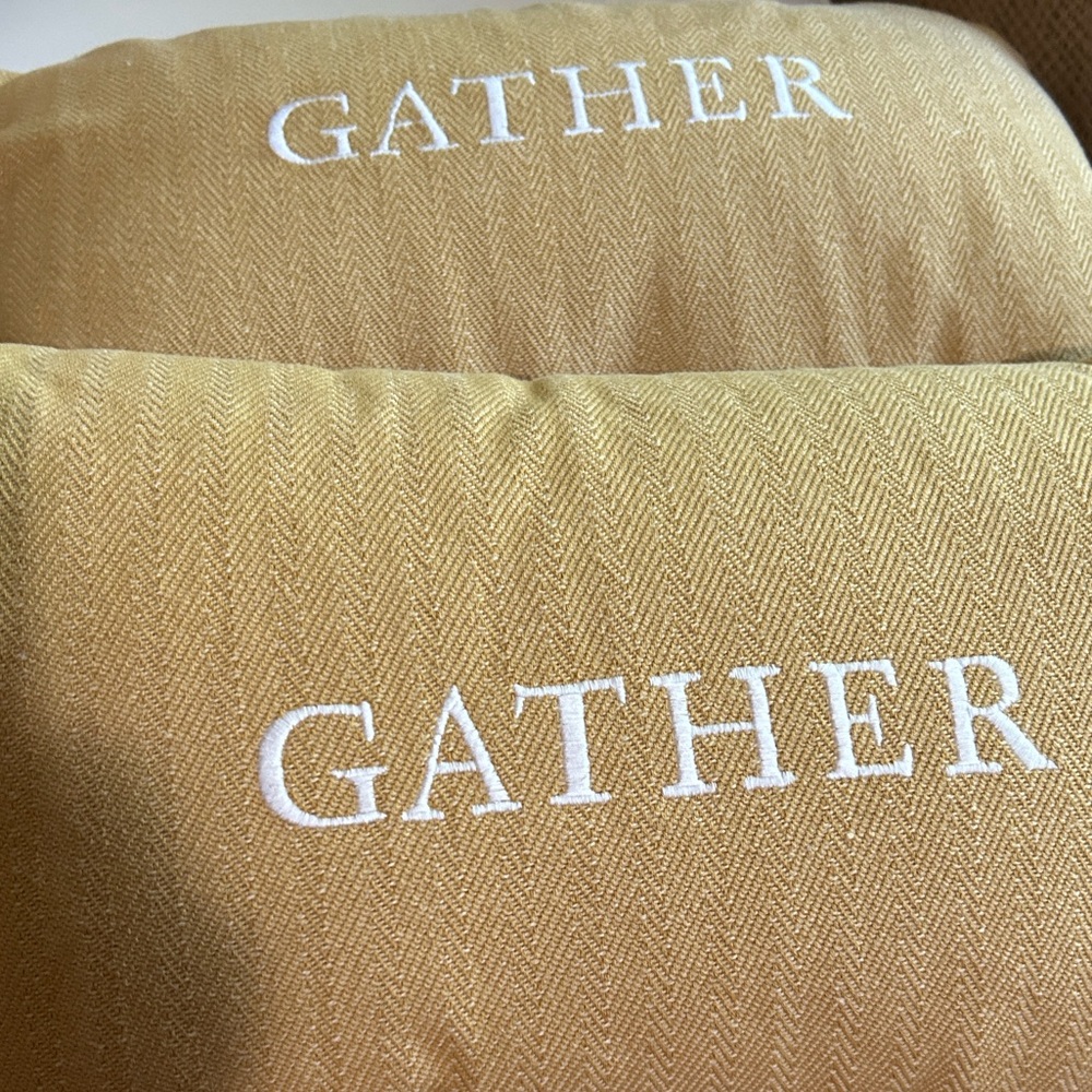 Threshold Set Of 2 Gold Accent Pillows with White 'Gather' Embroidery. 12” x 20”